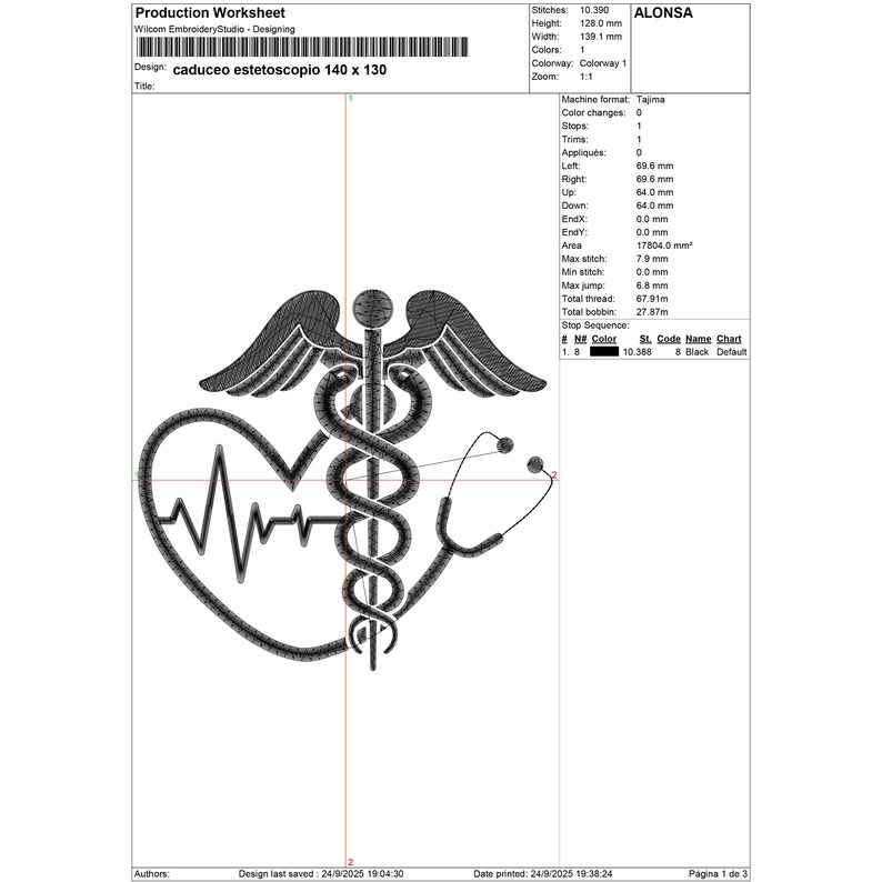 May include: An embroidered design featuring a caduceus symbol, a heartbeat within a heart, and a stethoscope. The design is in black and is labeled "caduceo estetoscopio 140 x 130". The design is 12.8 cm high and 13.9 cm wide.