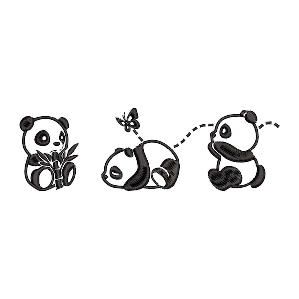 Embroidery design 3 pandas, panda bears, for embroidery machine