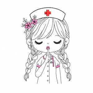 Puede incluir: Un diseño de bordado con una ilustración de líneas de una enfermera con el cabello trenzado, que lleva una cofia con una cruz roja. La enfermera tiene los ojos cerrados y un dedo sobre los labios. Flores rosas adornan el cabello y el uniforme tiene un borde rosa.