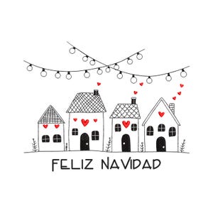 Puede incluir: Una ilustración en blanco y negro de tres casas con corazones rojos y luces de cadena por encima. El texto "FELIZ NAVIDAD" está debajo de las casas.