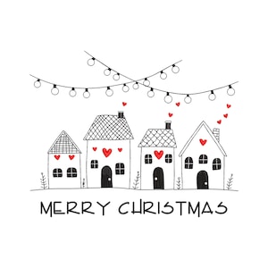 Puede incluir: Una ilustración en blanco y negro de tres casas con corazones rojos en las ventanas y una cadena de luces encima. El texto "Merry Christmas" está debajo de las casas.