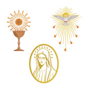 Puede incluir: Tres diseños de bordado religioso. El primero es un cáliz con un sol, el segundo es una paloma con un sol, y el tercero es un retrato ovalado de una mujer con un halo. Todos los diseños son dorados.