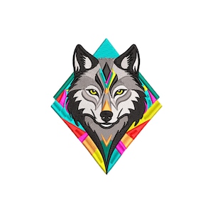 May include: A grey wolf's face is centred in a colourful diamond-shaped design. The diamond is made up of overlapping triangles in shades of red, orange, yellow, green, blue, and purple.