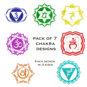 May include: A set of seven colourful chakra designs, each with a unique symbol and name. The designs are arranged in a circle and are surrounded by the text "PACK OF 7 CHAKRA DESIGNS" and "EACH DESIGN IN 3 SIZES".