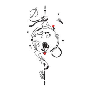 May include: A black and white line art embroidery design featuring a figure sitting on a small planet with a red rose, a Saturn-like planet, a shooting star, and decorative floral swirls. A single red heart sits below a black rose.