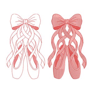 May include: Two ballet pointe shoes with red bows and ribbons. One pair is a line drawing, the other is filled in with red embroidery. The ribbons cascade down from the bows, creating a graceful, flowing design against a white background.