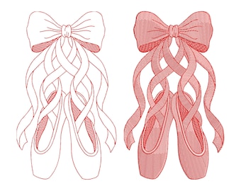 Ballet slipper embroidery designs, 2 versions, 6 sizes each, for embroidery machine