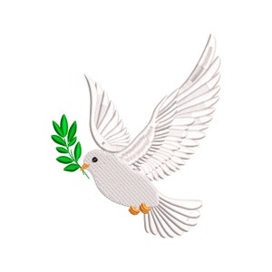 Puede incluir: Una paloma blanca con las alas extendidas que lleva una rama de olivo verde en el pico. La paloma es un símbolo de paz.