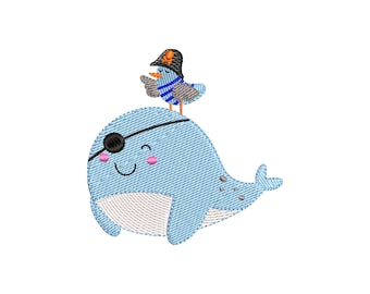 Whale and seagull embroidery design, for embroidery machine