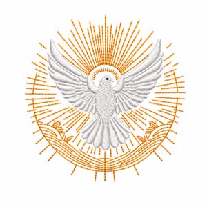 Könnte beinhalten: Ein Stickmuster mit einer weißen Taube mit weit ausgebreiteten Flügeln, zentriert in einem kreisförmigen goldenen Strahlenkranz. Die Taube ist mit detaillierten Stichen dargestellt und von strahlenden goldenen Linien sowie geschwungenen Elementen umgeben.
