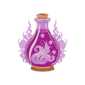 May include: A purple glass bottle with a cork stopper and swirling designs inside. The bottle is surrounded by a decorative, swirling, purple design.