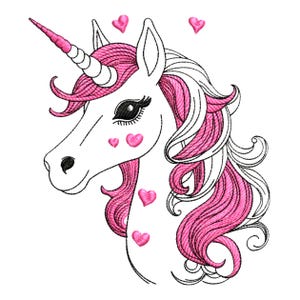 May include: An embroidery design featuring a white unicorn head with a pink and white mane, a spiraled pink and white horn, and several small pink hearts surrounding the head. The design uses black outlines to define the unicorn's features.