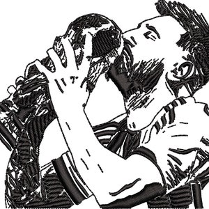 Puede incluir: Una ilustración en blanco y negro de una persona sosteniendo un trofeo por encima de su cabeza y besándolo.