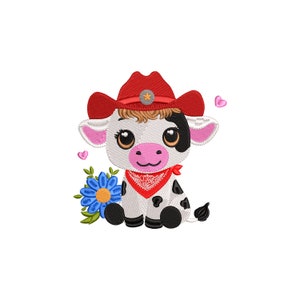 May include: A cute cartoon cow wearing a red cowboy hat with a star, a red bandana, and holding a blue flower. The cow has black and white spots.