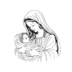 Puede incluir: Un dibujo en blanco y negro de una madre sosteniendo un bebé en sus brazos. La madre lleva una túnica larga y una cubierta para la cabeza. El bebé está envuelto en una manta.