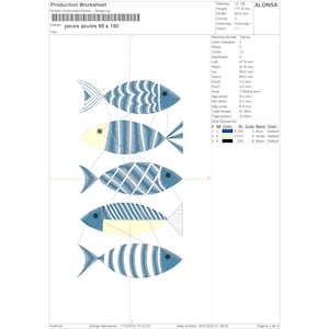 以下が含まれることがあります： 黄色い背景に、青と白の魚が4匹描かれたデジタル刺繍のデザイン。デザイン名は「peces azules 95 x 180」。