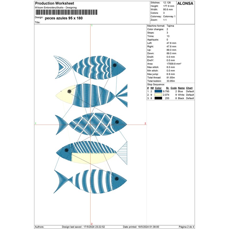 以下が含まれることがあります： 黄色い背景に、青と白の魚が4匹描かれたデジタル刺繍のデザイン。デザイン名は「peces azules 95 x 180」。