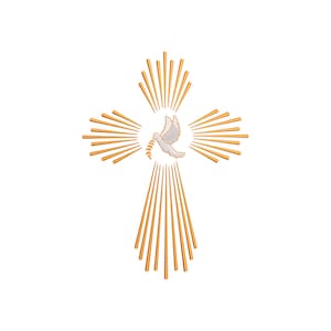 May include: A gold cross with a white dove holding an olive branch in its beak. The dove is centred in the cross and surrounded by rays of light.