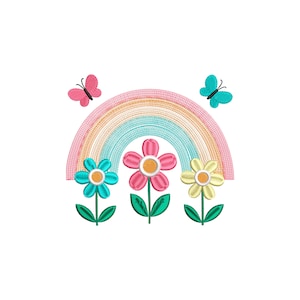 May include: A rainbow with three flowers and two butterflies. The rainbow is made of pink, orange, yellow, and blue. The flowers are pink, blue, and yellow. The butterflies are pink and blue.