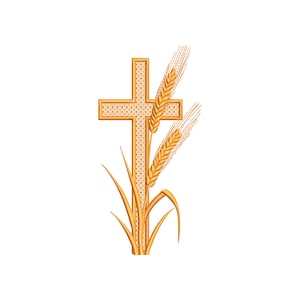 Könnte beinhalten: Ein goldenes Kreuz mit einem Weizenähren-Design auf jeder Seite. Das Kreuz ist aus einem gewebten Muster gefertigt und die Weizenähren sind stilisiert.