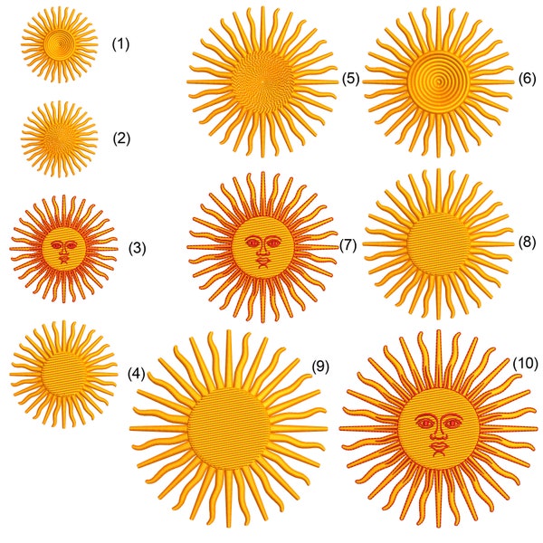 Diseños de bordado Sol de Mayo, Sol bandera Argentina, 10 diseños,  para máquina bordadora