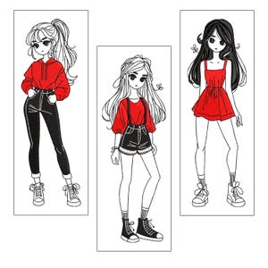 Puede incluir: Tres ilustraciones de chicas de estilo anime con ropa roja. La chica de la izquierda lleva una sudadera roja y pantalones vaqueros negros. La chica del centro lleva un top rojo con tirantes y pantalones cortos negros. La chica de la derecha lleva un vestido rojo.