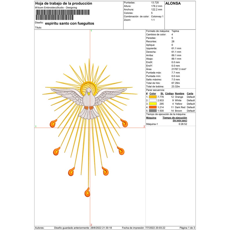 Diseño de bordado Espíritu Santo, para máquina bordadora, Paloma religión, Espíritu Santo con fueguitos, imagen 2