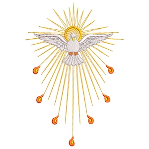 May include: An embroidery design featuring a white dove with outstretched wings centered within a golden circular halo. Radiating golden sunburst lines extend outward, interspersed with seven small orange and red flame shapes.