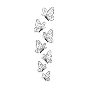 May include: A vertical arrangement of six black and white butterfly illustrations. Each butterfly is depicted with thin, clean lines, showcasing detailed wing patterns and delicate antennae, organized in a flowing, cascading sequence.