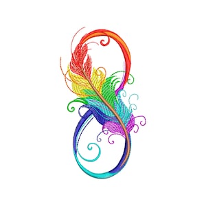 May include: A rainbow-colored feather design in the shape of an infinity symbol. The feather is surrounded by swirls and curls.