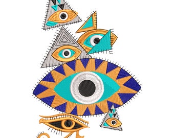 Diseño de bordado ojo turco, mal de ojo, 3 medidas,  para máquina bordadora