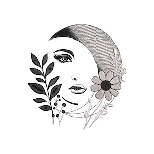 Woman's face with moon and flower embroidery design - for embroidery machine - 3 sizes