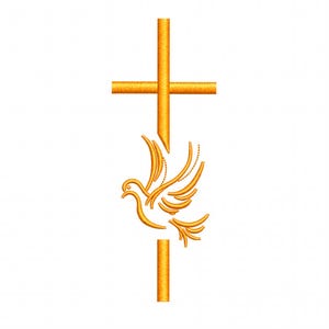 Pode incluir: Um design de bordado amarelo dourado apresentando uma cruz vertical intersectada por uma barra horizontal, com uma pomba estilizada em voo posicionada no espaço central onde a cruz é interrompida, renderizada com uma textura de fio costurado.