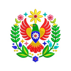 Puede incluir: Un diseño bordado colorido que presenta un pájaro estilizado con las alas extendidas, rodeado de flores y hojas. El pájaro es rojo, amarillo y verde, con un centro azul y blanco. Las flores son rosas, amarillas y azules.