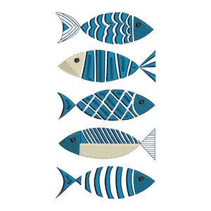 May include: A vertical arrangement of five embroidered fish designs. Each fish features distinct geometric patterns in shades of deep blue and cream, with visible thread textures, dark circular eyes, and stylized fins and tails.
