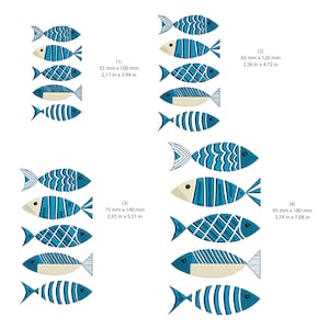 以下が含まれることがあります： 青と白の魚の刺繍デザイン6点セット。デザインはサイズが異なり、55mm&times;100mmから95mm&times;180mmまであります。これらのデザインは、どんなプロジェクトにもマリンテイストを加えるのに最適です。