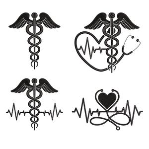 May include: Four black medical symbol designs. The designs include the caduceus symbol with wings, a heartbeat line, a stethoscope, and a heart shape. These designs are suitable for medical professionals and healthcare-related products.