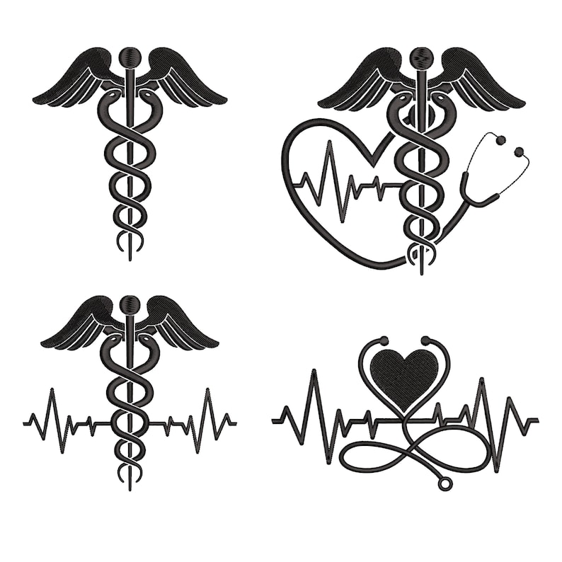 May include: Four black medical symbol designs. The designs include the caduceus symbol with wings, a heartbeat line, a stethoscope, and a heart shape. These designs are suitable for medical professionals and healthcare-related products.