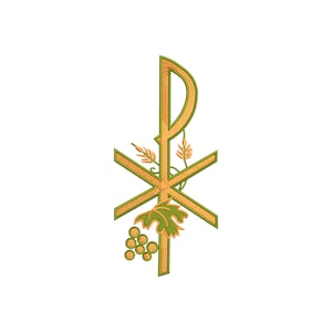 May include: A gold-coloured Chi Rho symbol with a grapevine and wheat stalks. The symbol is a Christian symbol representing Christ.