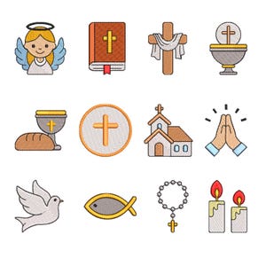 Puede incluir: Colección de iconos religiosos bordados, incluyendo un ángel, una biblia, una cruz, un cáliz con pan, una iglesia, manos rezando, una paloma, un pez, un rosario y velas. Los iconos son de estilo caricatura.