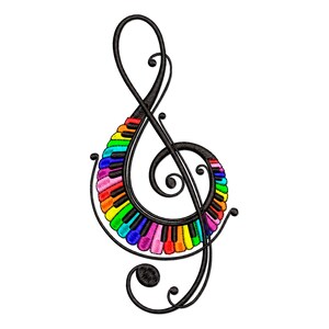 May include: An embroidered treble clef design featuring a black outline and a curved section filled with a vibrant, multi-colored piano keyboard pattern. The keys alternate between black and bright rainbow colors including red, orange, yellow, green, blue, and pink.