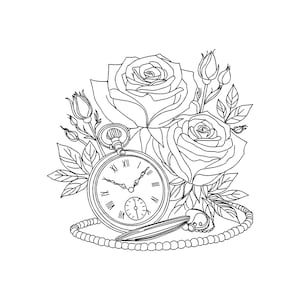 May include: Black and white line art illustration of a pocket watch, roses, and a beaded necklace. The pocket watch has Roman numerals and a small seconds dial. The roses are in full bloom, with leaves and buds surrounding the watch.