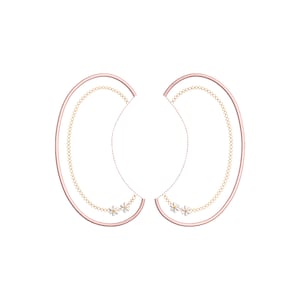 Può includere: Un paio di orecchie per fascia per capelli in tessuto rosa con una catena dorata e dettagli floreali bianchi.