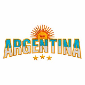 May include: An embroidered patch featuring the word ARGENTINA in a split light blue and white font with a gold outline. Above the text is a golden sun with a face, and below the text are three small golden stars arranged in a horizontal row.