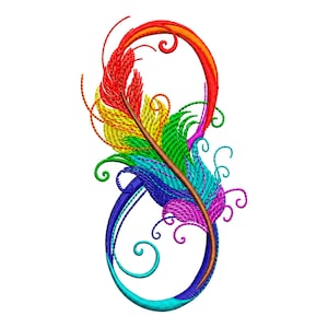 Puede incluir: Un diseño bordado de símbolo de infinito con una vibrante paleta de colores arcoíris. La forma de ocho está adornada con intrincadas texturas similares a plumas y delicados detalles de filigrana en rojo, amarillo, verde, azul y morado.