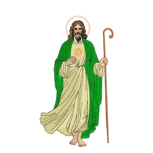May include: An embroidered image of a man in a green robe and a beige tunic, holding a wooden staff. He has a halo above his head and a heart with a cross inside on his chest.