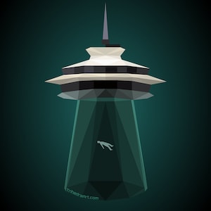 May include: A geometric illustration of the Space Needle in Seattle, Washington. The needle is depicted as a white and black UFO with a green beam of light shining down from the bottom. A small, white figure is floating inside the beam of light.