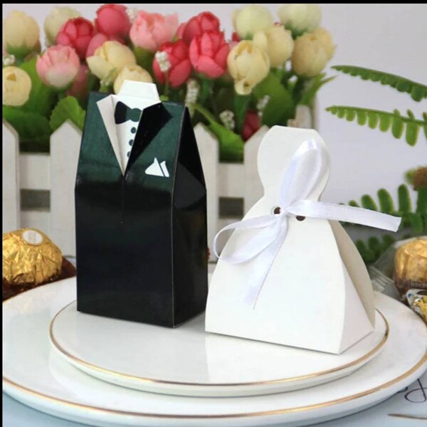 Bride Groom Wedding Party Favour Gift Box Bag. White Wedding Dress with Chiffon Ribbon or Black Tie Suit Option, Flat Pack and Easy DIY