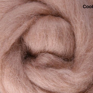 May include: Close-up of a mass of light brown wool roving, with a soft, textured appearance. The word "Cookie" is printed in black in the upper right corner. This fiber is suitable for various craft projects, including felting and spinning.