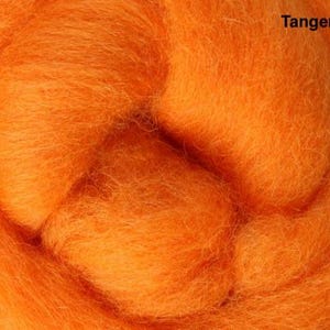 May include: Close-up of five vibrant colours of wool roving. The colours include black, bright orange, orange, deep burgundy, and purple. The names of the colours are displayed above each colour: Liquorice, Pumpkin Pie, Tangerine, Aubergine, and Orchid.